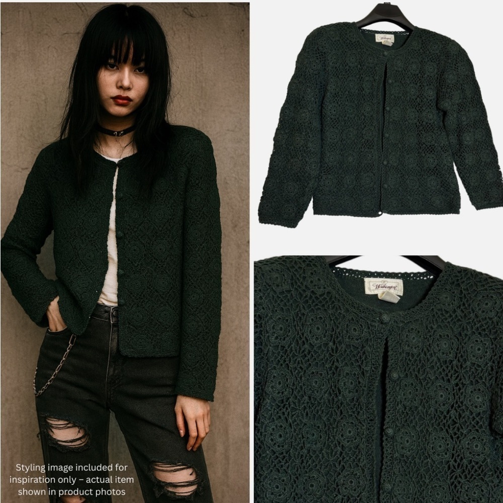 VTG 90s Crochet Floral Cardigan S Granny Goblincore Dark Whimsigoth Cottagegoth